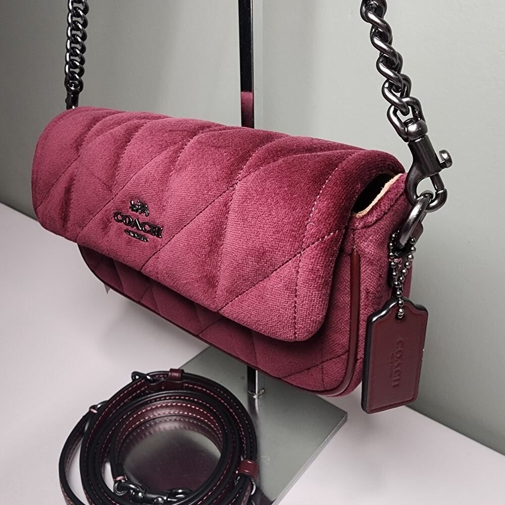 NWT COACH CCE13 Hailey Flap Bag Velvet Organic Cotton With Quilting Burgundy - Picture 2 of 5